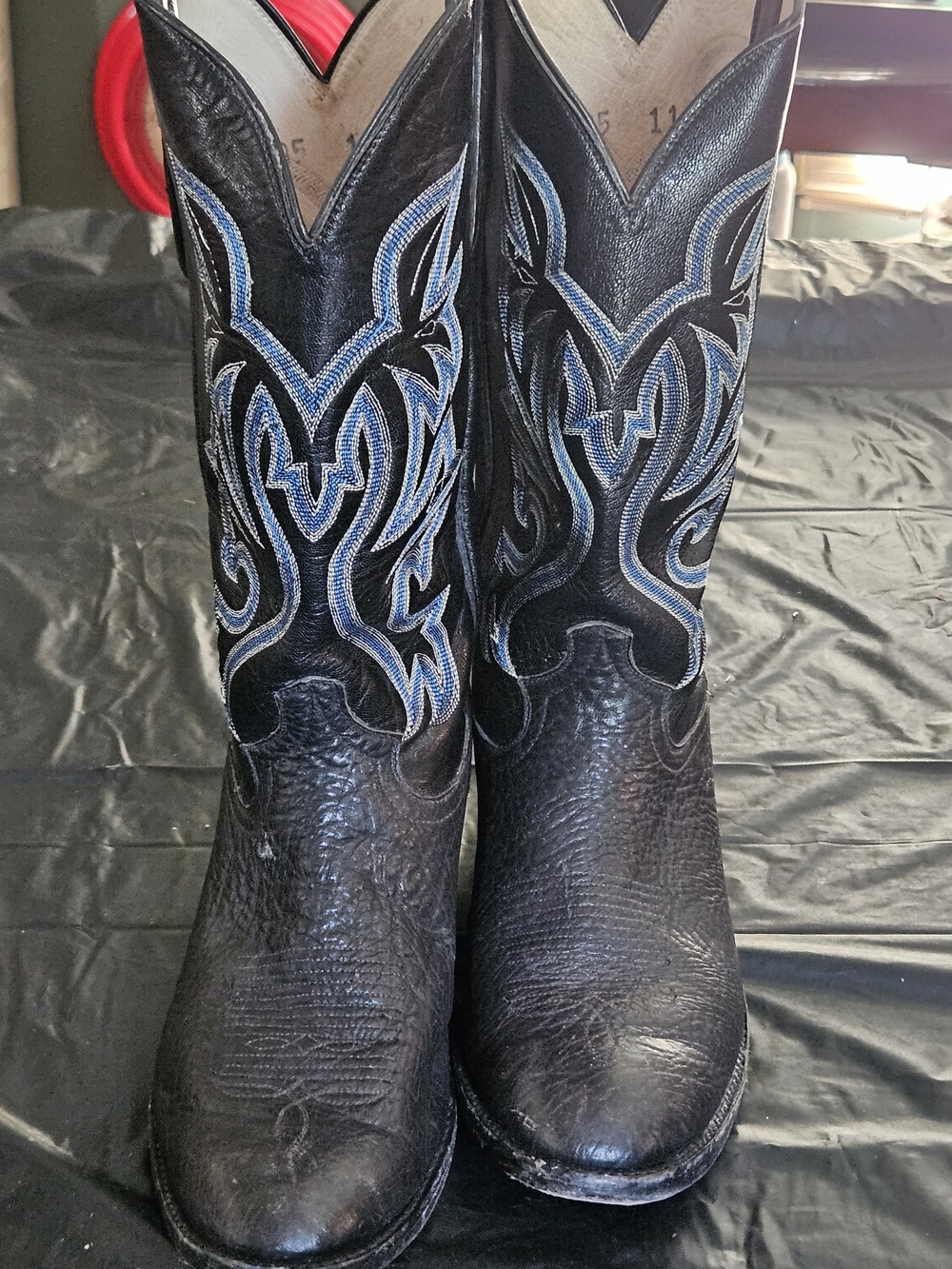 Amazonas Black Leather Cowboy Boots with Blue Embroidery
